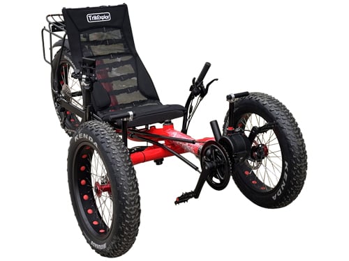 Front view of TrikExplor F320E electric recumbent trike with wide 20x4.0 fat tires