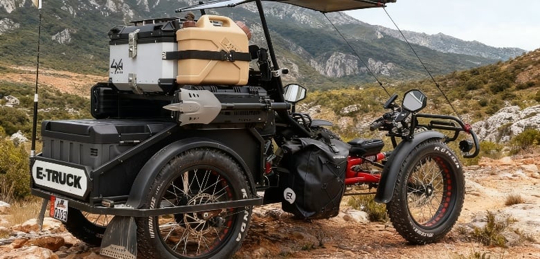 Electric cargo trike for outdoor camping and adventure