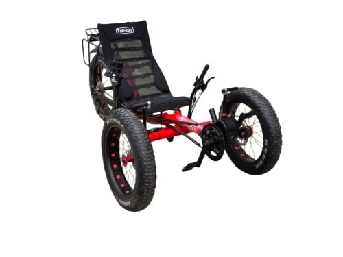 Front view of TrikExplor F320E electric recumbent trike with wide 20x4.0 fat tires