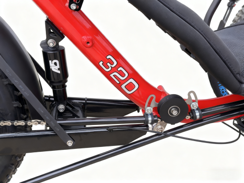 Rear air shock suspension and modular frame of TrikExplor F320E recumbent trike