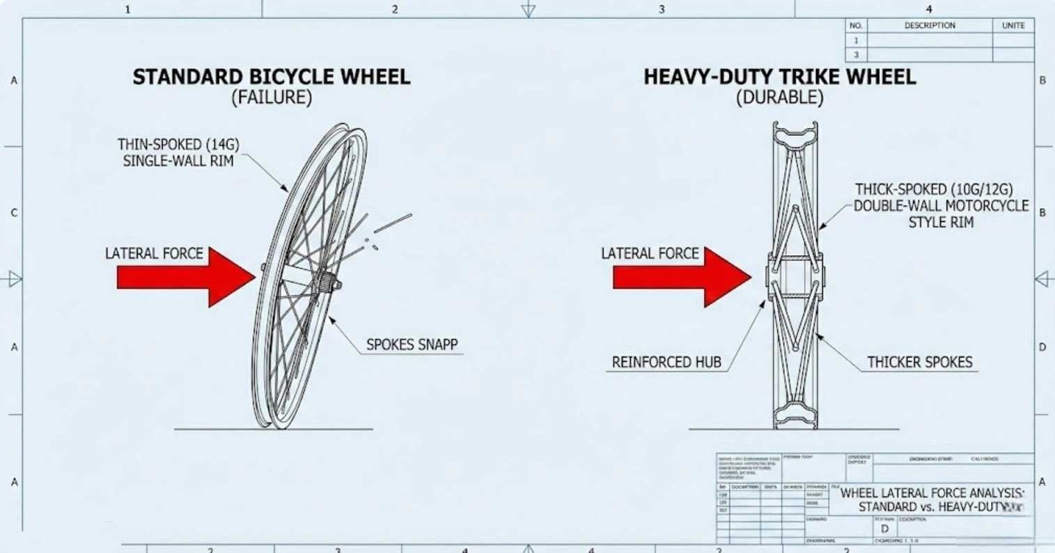 Broken bicycle wheel vs reinforced trike wheel