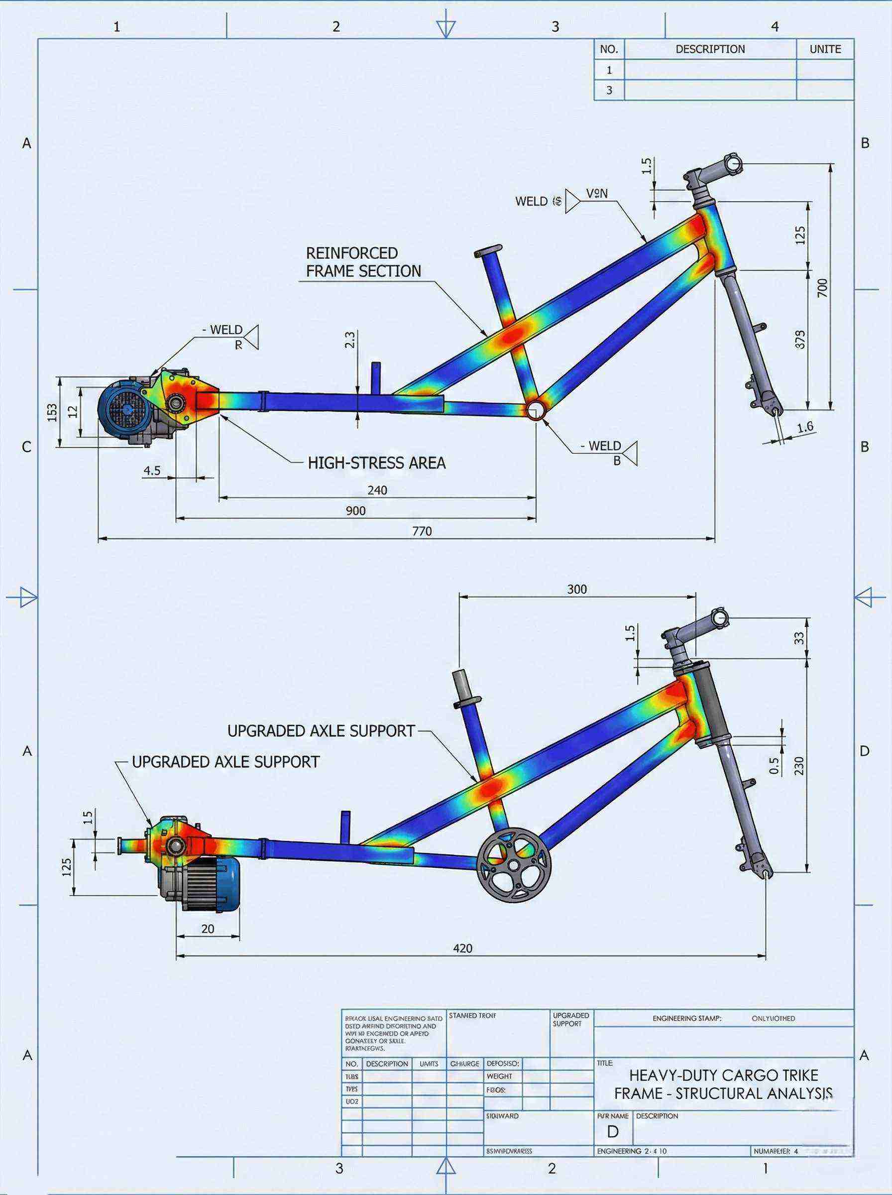 Engineering drawing of a reinforced cargo trike frame