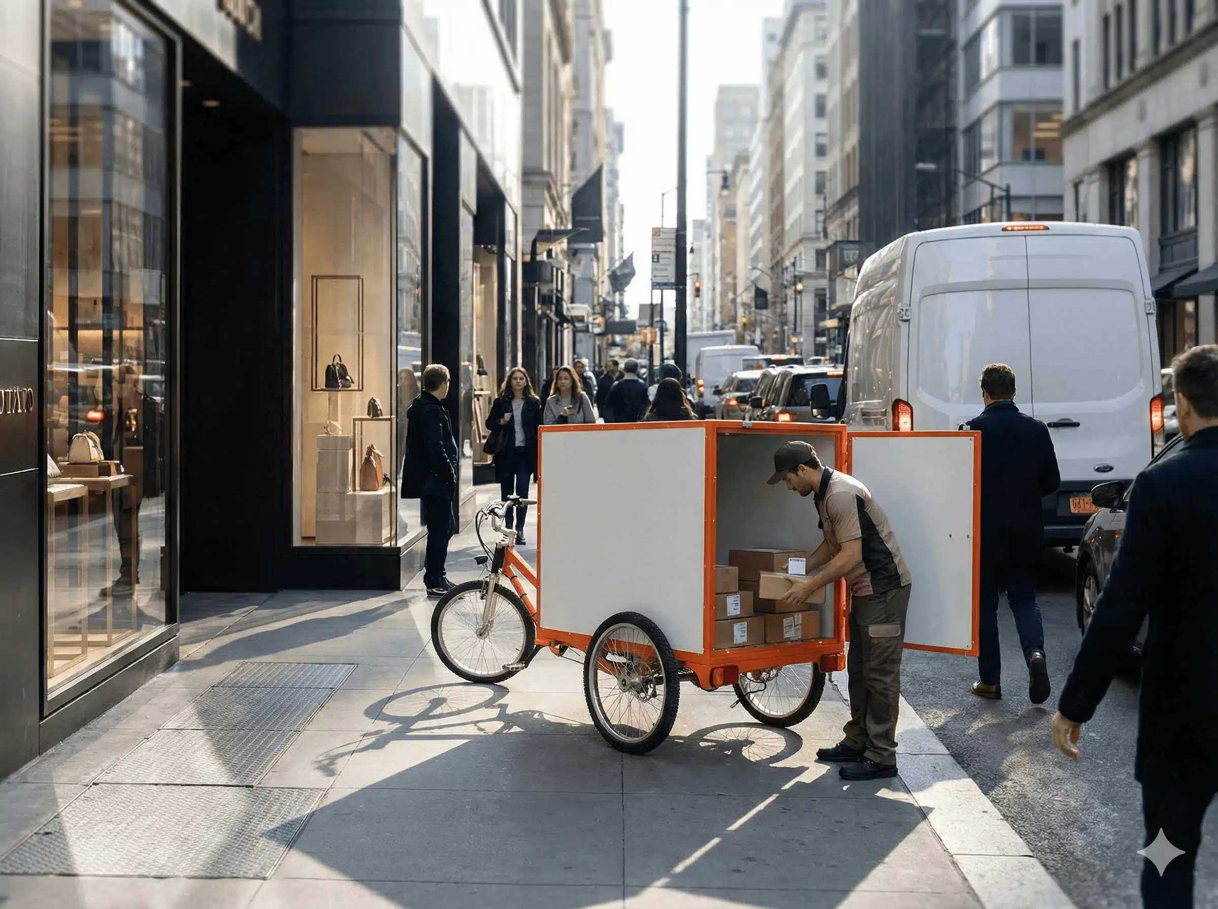 Comparación entre una furgoneta de reparto atrapada en un atasco urbano y un triciclo de carga que se desplaza eficazmente por el carril bici durante la entrega del último kilómetro.